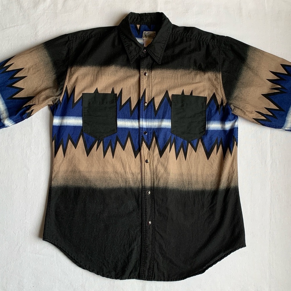Express Rider Western Pearl Snap, Blue, Black, Tan Shirt Geometric Shockwave L
